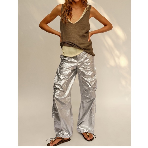 Zara Pants - NWT Zara shiny cargo pants silver